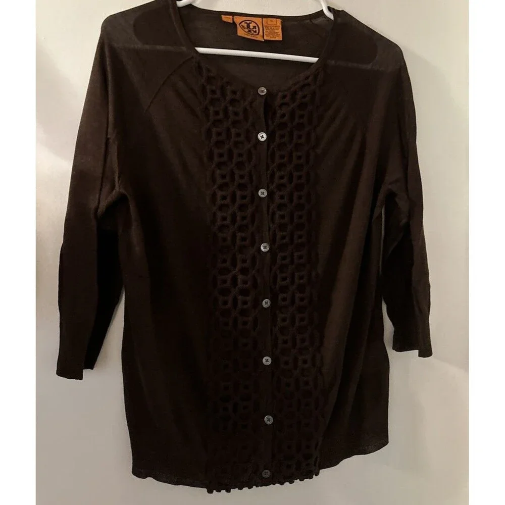 Tory Burch Cardigan Sheer Women’s Brown Silk Cashmere Blend Crochet Panel XL
